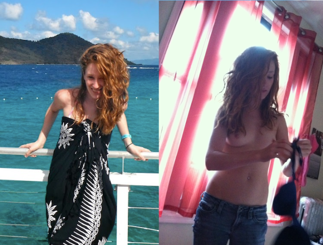 Curly redhead dresses and topless