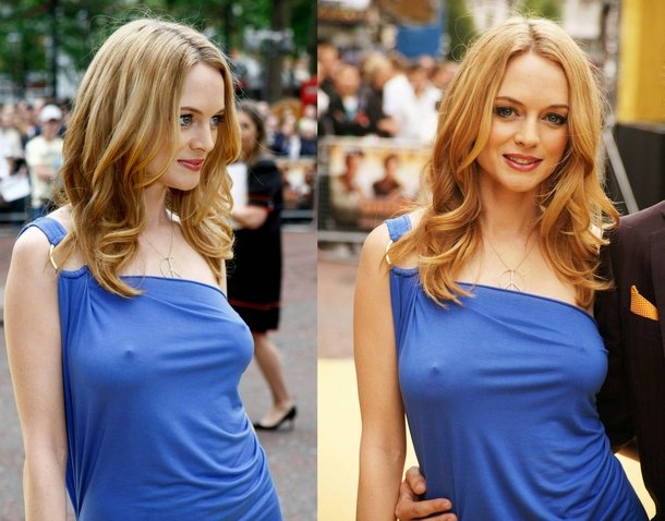 Heather Grahams nipples are so hard you can see the outline of her areola in this dress