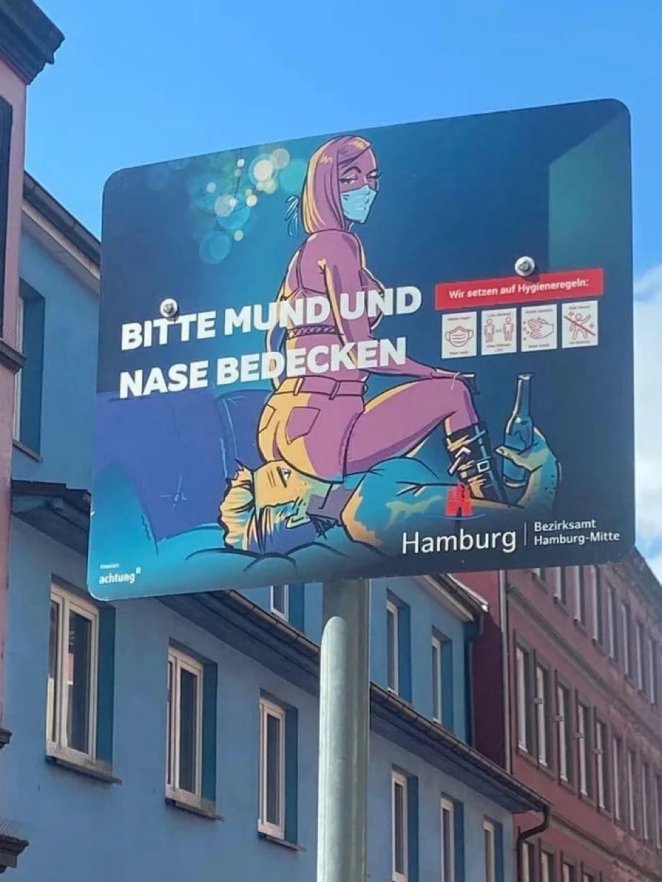 A Sign in Hamburg, DE, that when translated says, "Please cover mouth and nose."