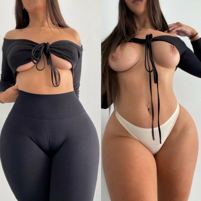 Woman in tight yoga pants showing front and back views