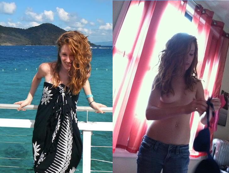 Curly redhead dresses and topless