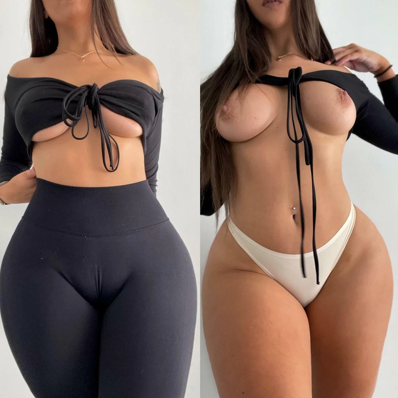 Woman in tight yoga pants showing front and back views