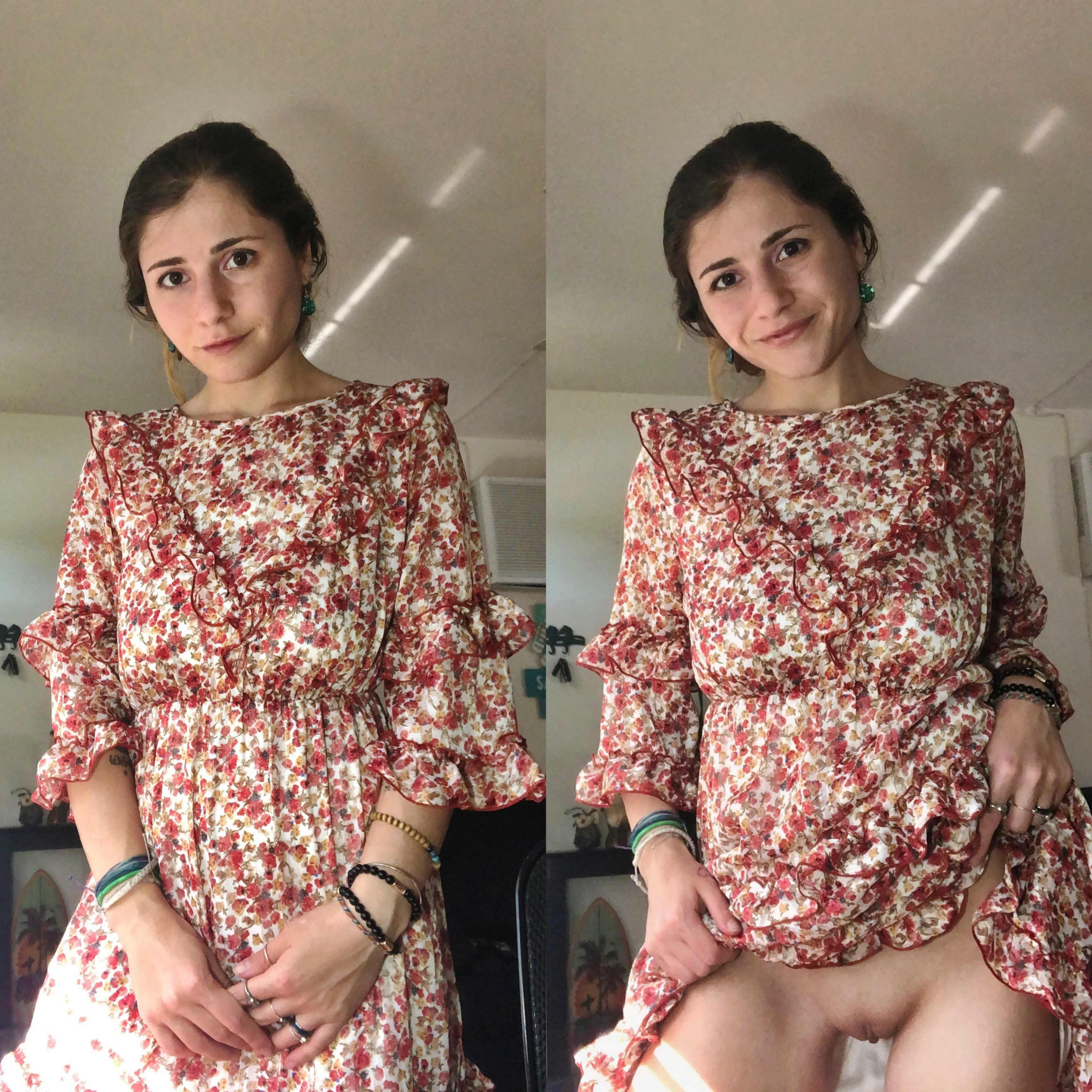 Petite adult woman showing a modest outfit alongside a revealing comparison photo
